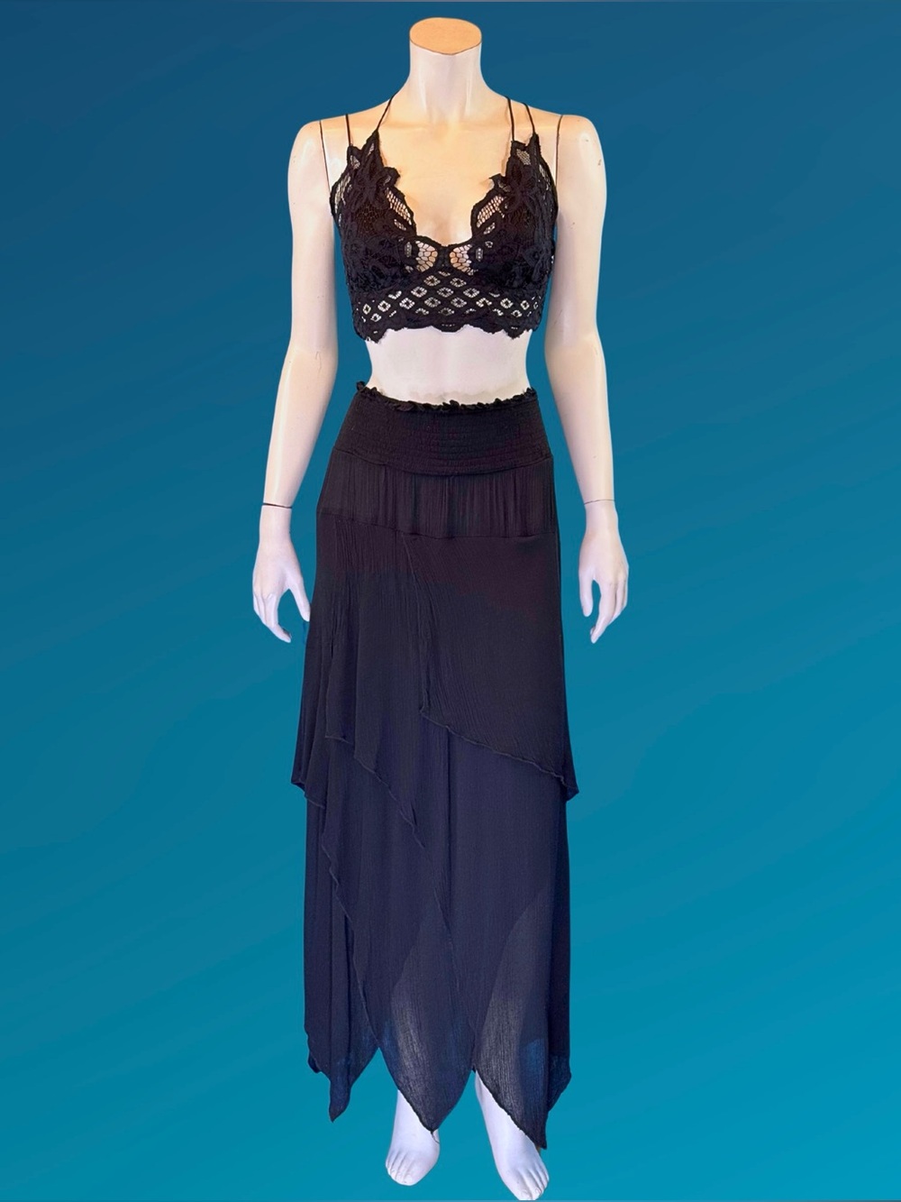Free People free-est Allondra Asymmetrical Tiered Handkerchief Hem Maxi Skirt M